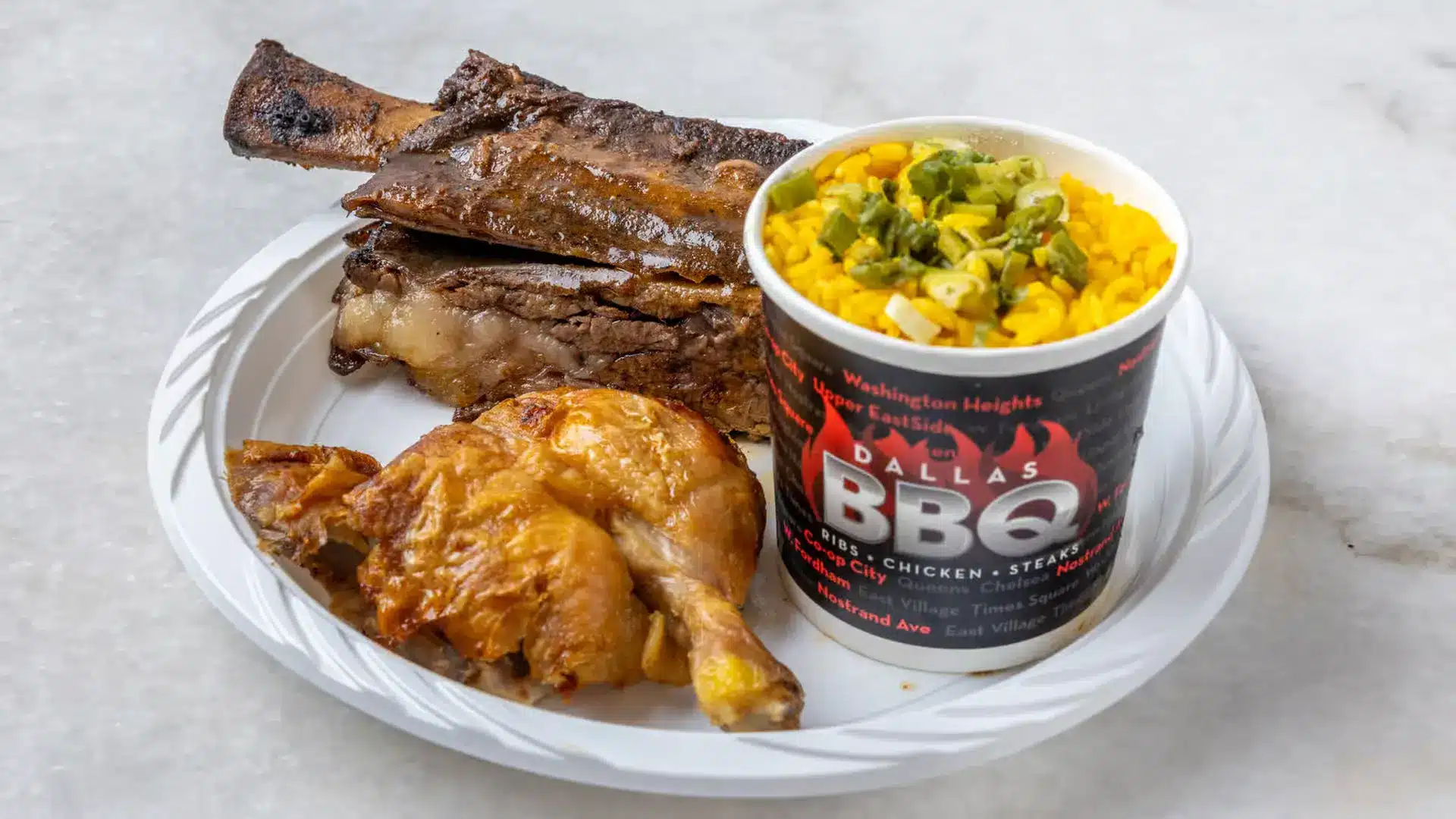 Dallas BBQ Chicken & Beef Ribs Combo Price Nutrition and Allergen Chicken & Beef Ribs Combo 75% (8) • Your Choice of Fries, Baked Potato, Yellow Rice or Mini Salad • Served with Cornbread